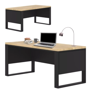 Biurko z Drewna Dębowego Stalowy Stelaż z Blendami Czarnymi