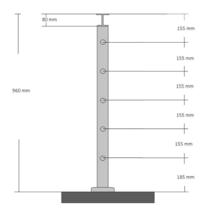 Słupek Lewy Ø 42,4 x 960 mm 5 Uchwytów Osiowych Ø 12 mm AISI 304 Balustrada Poręcz